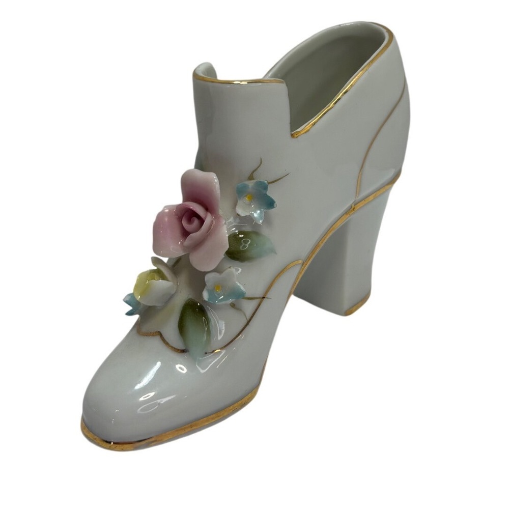 Porcelain Floral High Heel Shoe Figurine Gold Gilt Ceramic Collectible Vintage
